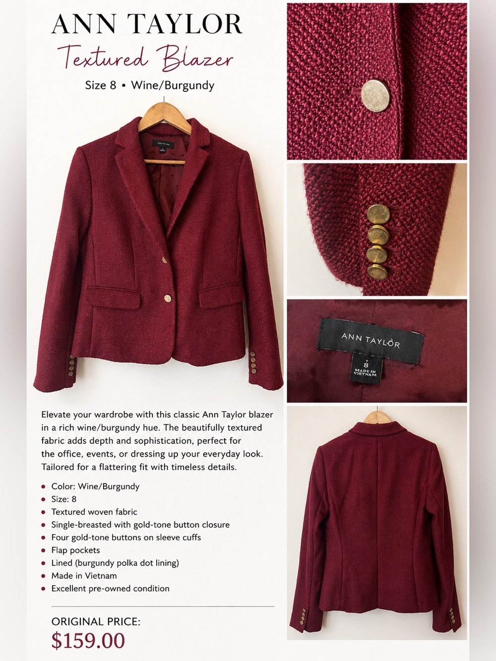 Ann Taylor Burgundy Textured Blazer Gold Buttons Size 8